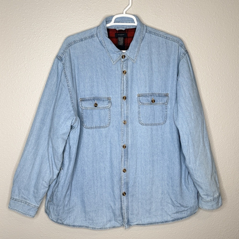 VTG 90s Denim Shirt Jacket‎ Flannel Lined Plaid Grunge Workwear Barn Coat XL